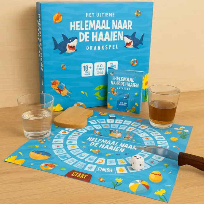 Drankspel Helemaal naar de Haaien - Hilarisch Bordspel voor Volwassenen