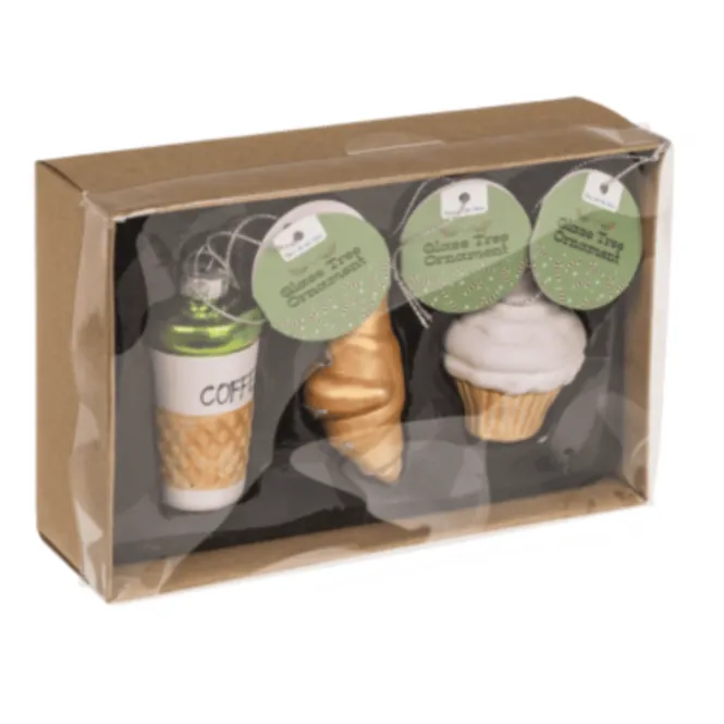 Glazen Figuur Kerstballen - Koffie, Croissant & Cupcake
