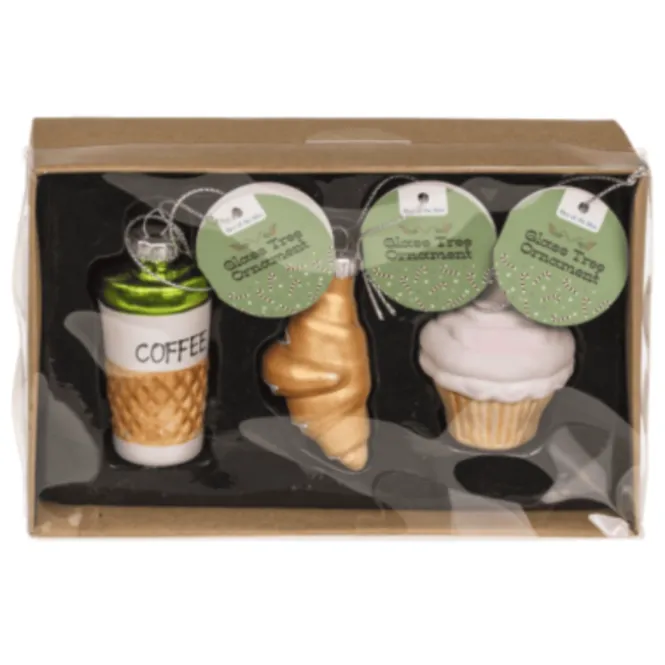 Glazen Figuur Kerstballen - Koffie, Croissant & Cupcake