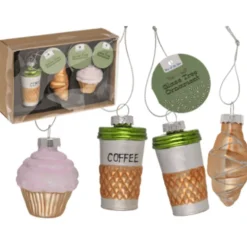 Glazen Figuur Kerstballen - Koffie, Croissant & Cupcake