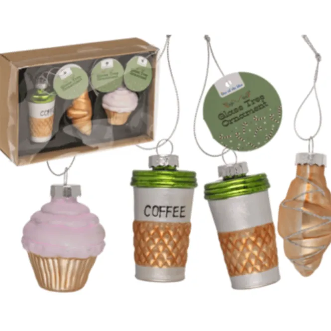 Glazen Figuur Kerstballen - Koffie, Croissant & Cupcake