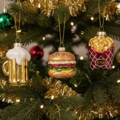 Glazen kerstballen fastfood set - Burger, Frietjes & Bierglas (3 stuks)