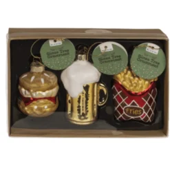 Glazen kerstballen fastfood set - Burger, Frietjes & Bierglas (3 stuks)