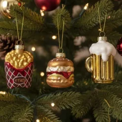 Glazen kerstballen fastfood set - Burger, Frietjes & Bierglas (3 stuks)