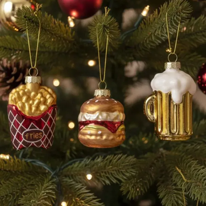 Glazen kerstballen fastfood set - Burger, Frietjes & Bierglas (3 stuks)