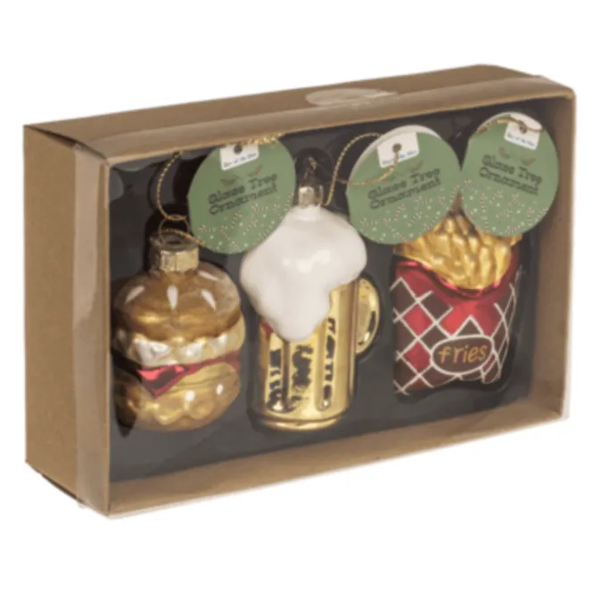 Glazen kerstballen fastfood set - Burger, Frietjes & Bierglas (3 stuks)