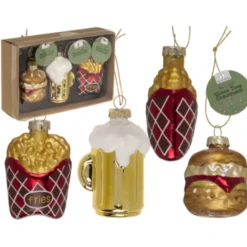 Glazen kerstballen fastfood set - Burger, Frietjes & Bierglas (3 stuks)