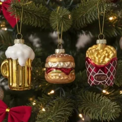 Glazen kerstballen fastfood set - Burger, Frietjes & Bierglas (3 stuks)