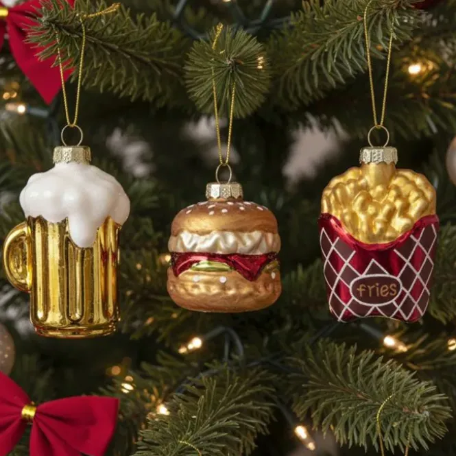 Glazen kerstballen fastfood set - Burger, Frietjes & Bierglas (3 stuks)