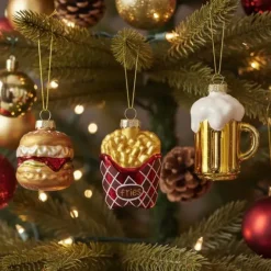 Glazen kerstballen fastfood set - Burger, Frietjes & Bierglas (3 stuks)