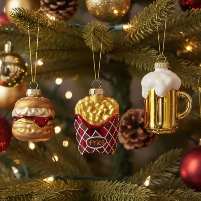 Glazen kerstballen fastfood set - Burger, Frietjes & Bierglas (3 stuks)