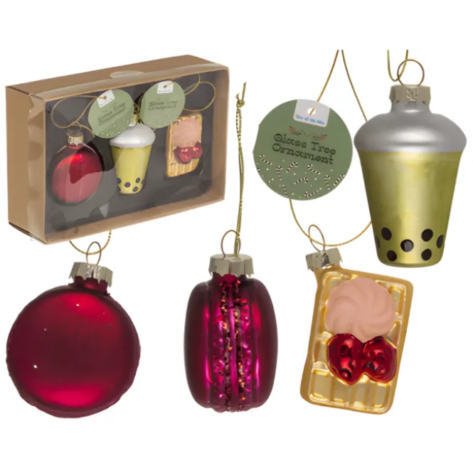 Glazen kerstballen set - Bubble Tea, Macaron, Wafel - 3 stuks
