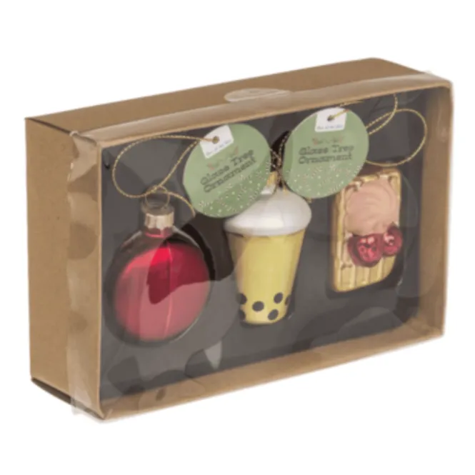 Glazen kerstballen set - Bubble Tea, Macaron, Wafel - 3 stuks