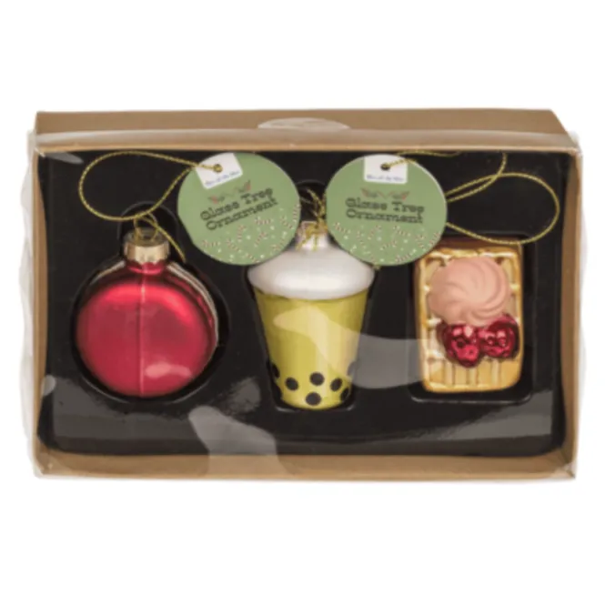 Glazen kerstballen set - Bubble Tea, Macaron, Wafel - 3 stuks