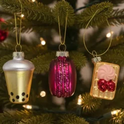 Glazen kerstballen set - Bubble Tea, Macaron, Wafel - 3 stuks