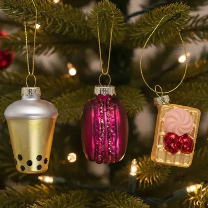 Glazen kerstballen set - Bubble Tea, Macaron, Wafel - 3 stuks