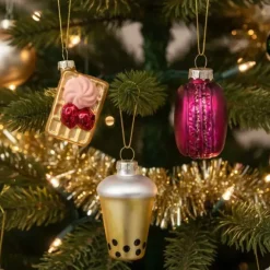 Glazen kerstballen set - Bubble Tea, Macaron, Wafel - 3 stuks