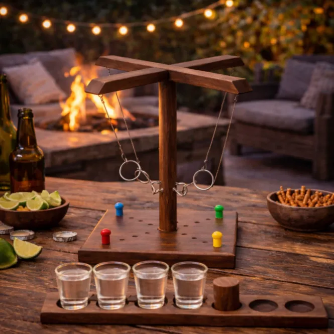 Houten Ring Toss Drinking Game - 32,5 cm - 4 Shotglaasjes