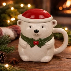 IJsbeer Mok - Kerstmuts Deksel - 380 ml - Keramiek