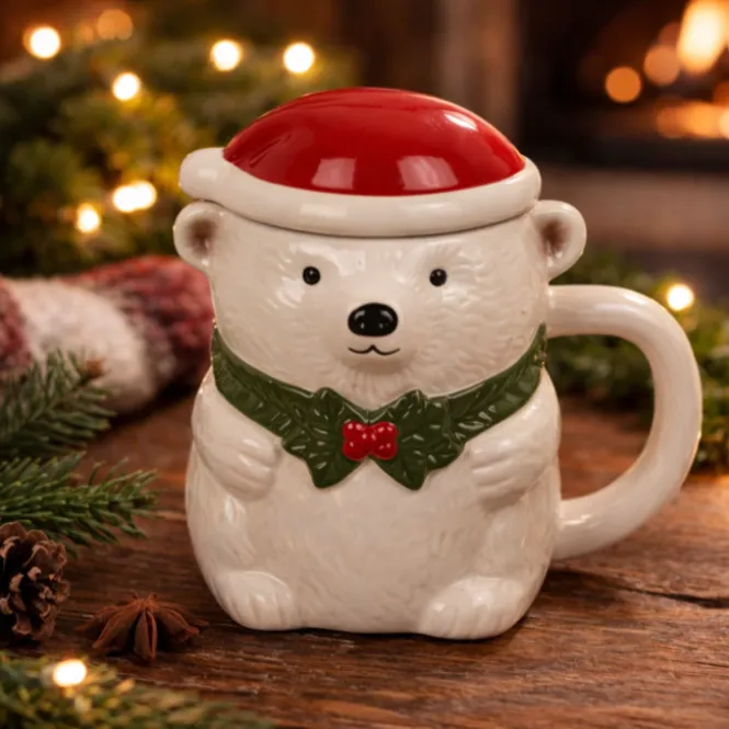 IJsbeer Mok - Kerstmuts Deksel - 380 ml - Keramiek
