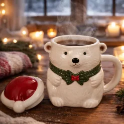 IJsbeer Mok - Kerstmuts Deksel - 380 ml - Keramiek