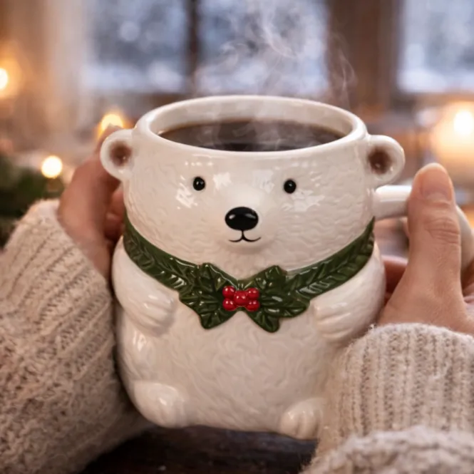 IJsbeer Mok - Kerstmuts Deksel - 380 ml - Keramiek