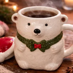 IJsbeer Mok - Kerstmuts Deksel - 380 ml - Keramiek