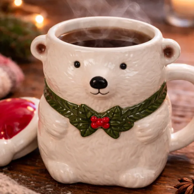 IJsbeer Mok - Kerstmuts Deksel - 380 ml - Keramiek