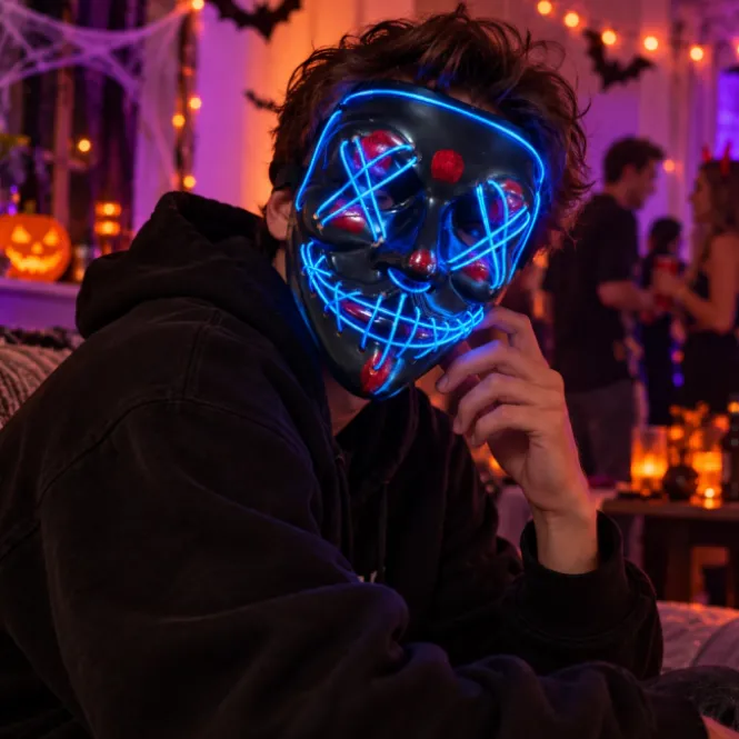 LED Horror Masker - Blauw - One Size - 3 Lichtstanden