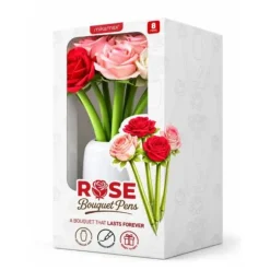 Rozenboeket Pennen Set - 8 Rozenpennen In Witte Vaas