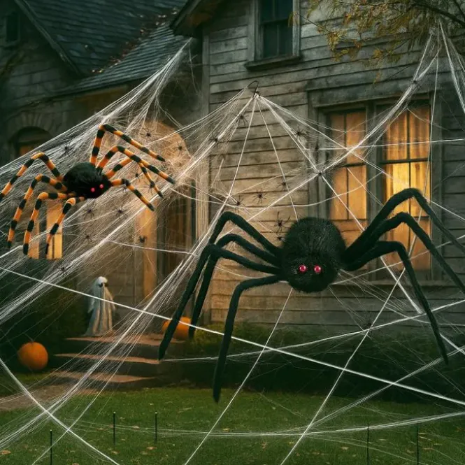 XXL Spin Halloween Decoratie - 7x5,5m Web - 2 Grote Spinnen 80 + 65 cm - 20 Mini Spinnen